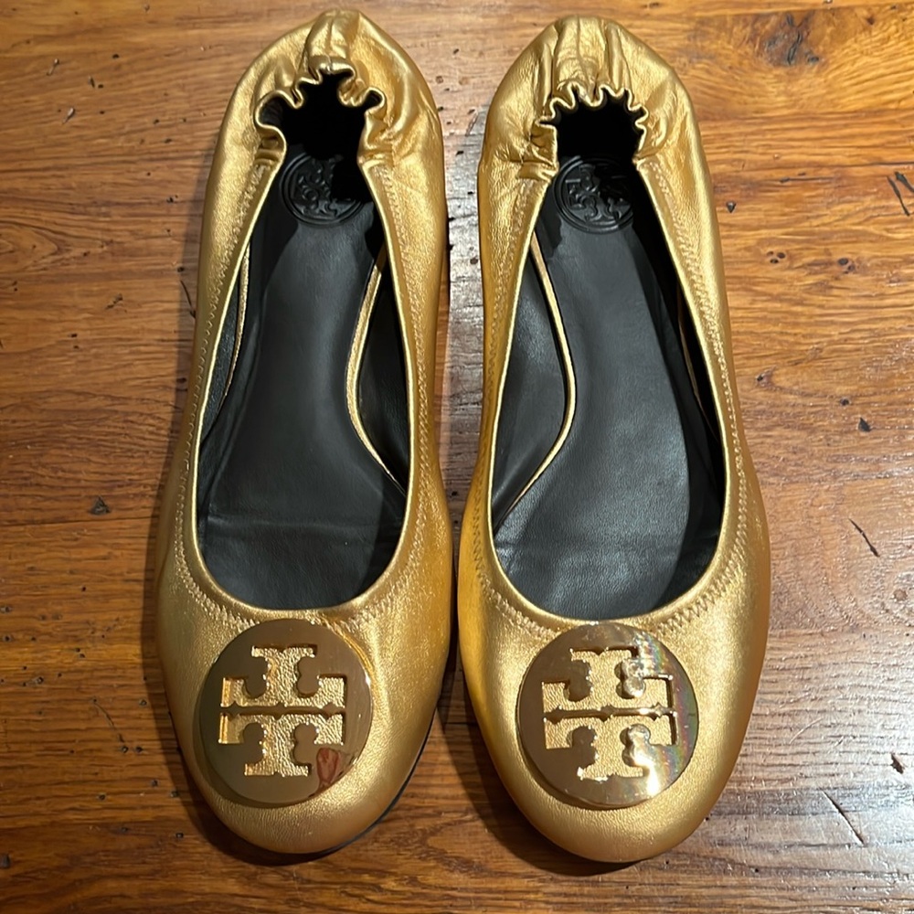Tory Burch gold ballet flats worn once or twice, size 10M.